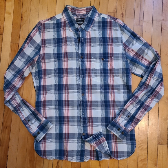 Express Fitted Men's Medium Light Plaid Shirt - Picture 4 of 5